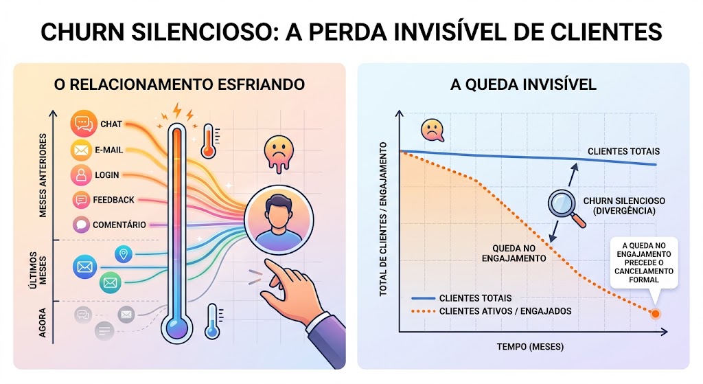 Infográfico do churn silencioso: relacionamento esfriando e queda invisível de engajamento antes do cancelamento