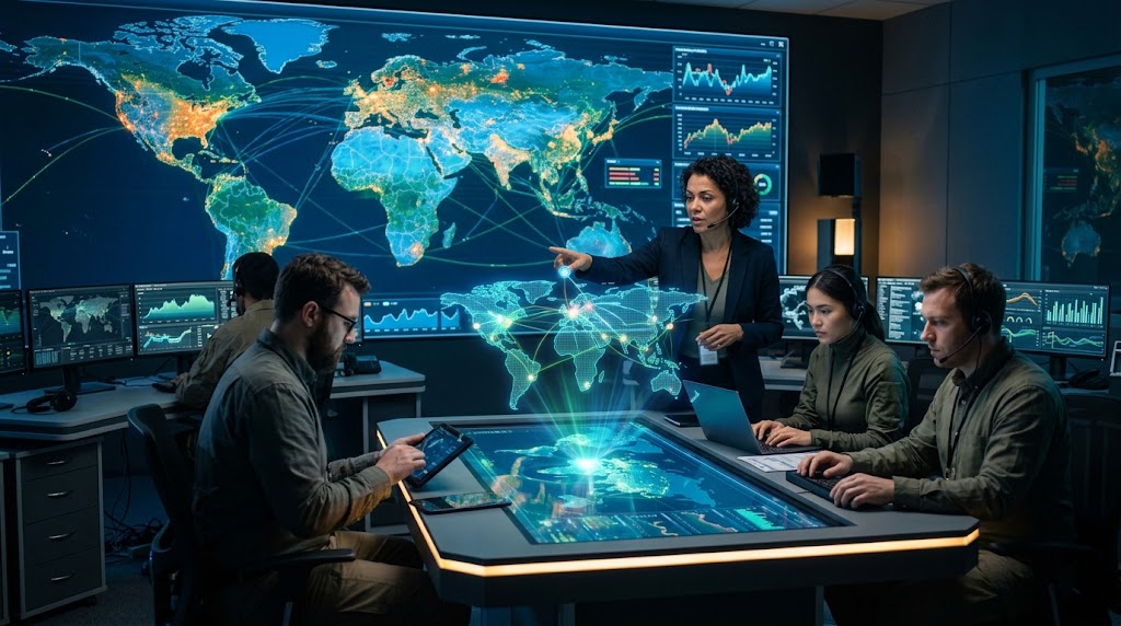 Sala de comando com mapa-múndi de operações e dashboards, equipe analisando dados em tempo real