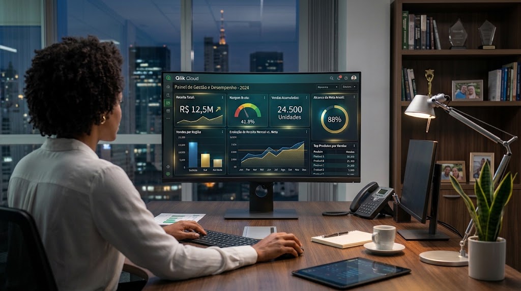Profissional analisando um painel do Qlik Cloud com receita, margem bruta e vendas por região