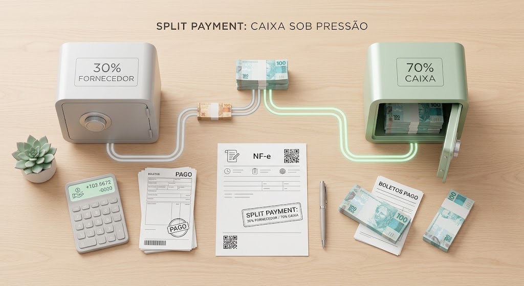 Infográfico do Split Payment: o valor da venda dividido entre imposto e caixa da empresa