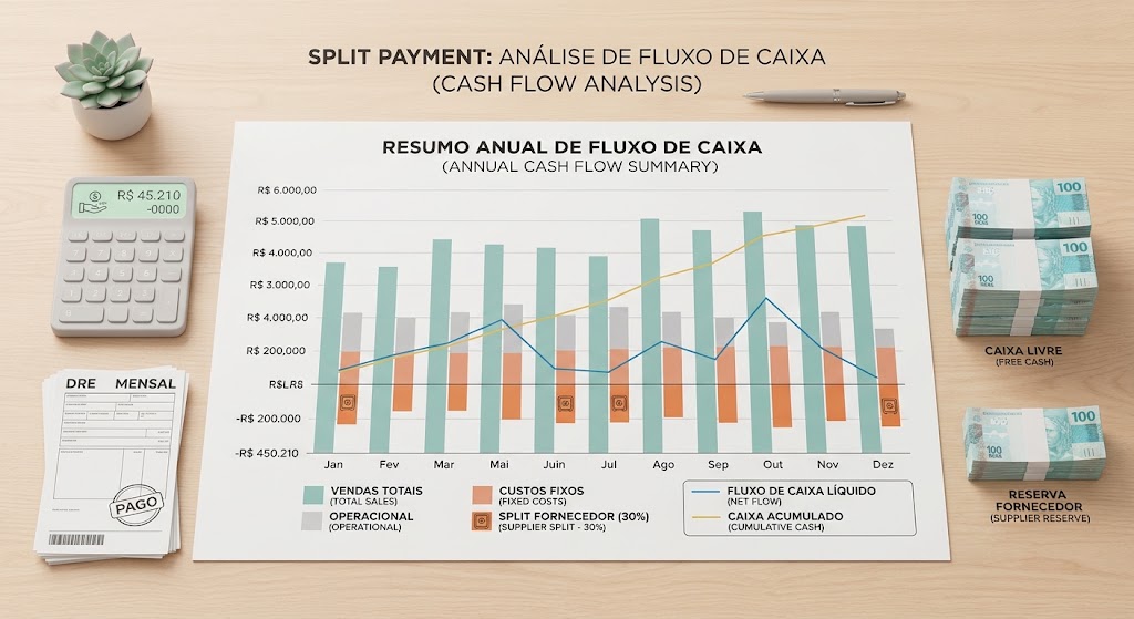 Gráfico de análise anual de fluxo de caixa com vendas totais, custos fixos e caixa acumulado